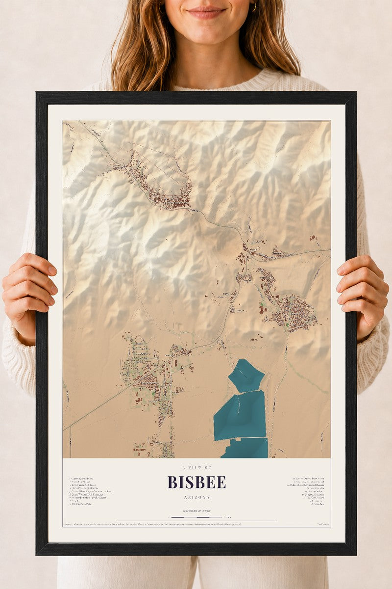 Bisbee, Arizona map print, 18" x 24", W/ Black Ayous Wood Frame