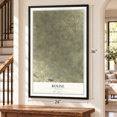 Bouse, Arizona map, 24 x 36 inch print in a black frame by a staircase