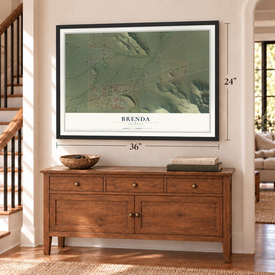 Brenda, Arizona map, 24 x 36 inch print in a black frame above a dresser by a staircase