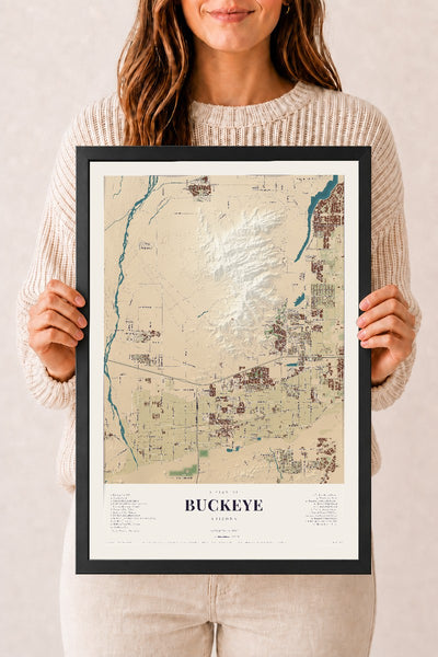 Buckeye, Arizona map print, 12" x 18", W/ Black Ayous Wood Frame