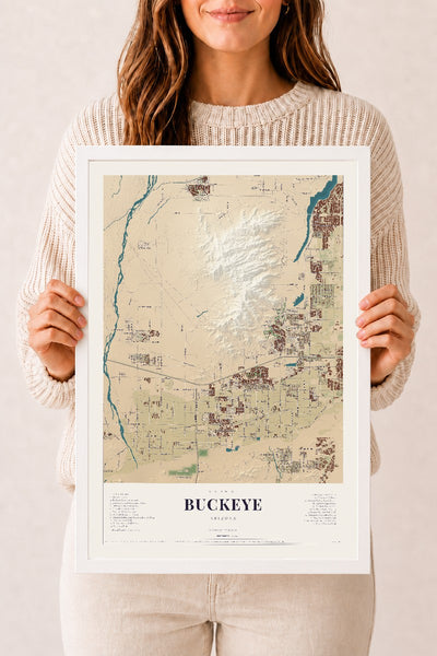 Buckeye, Arizona map print, 12" x 18", W/ White Ayous Wood Frame