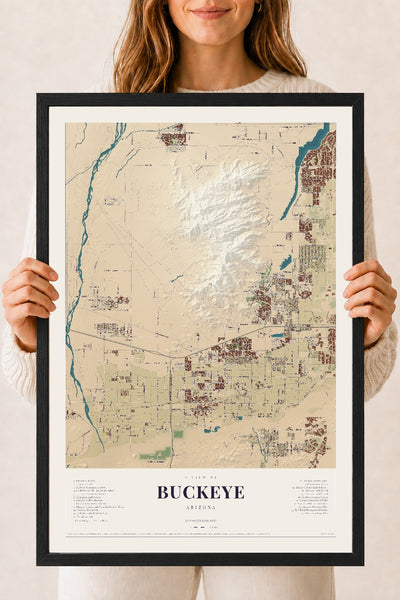 Buckeye, Arizona map print, 18" x 24", W/ Black Ayous Wood Frame