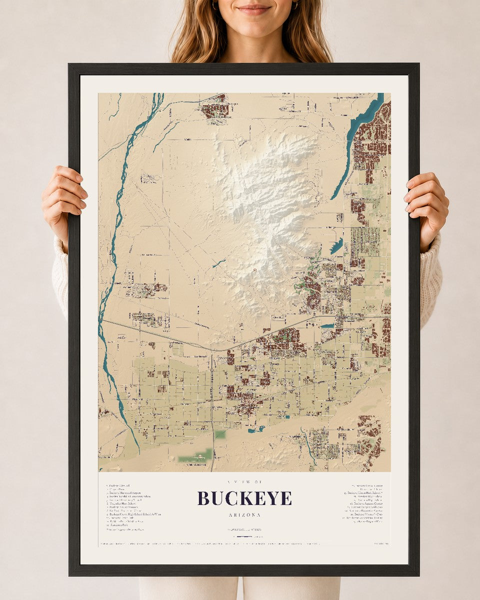 Buckeye, Arizona map print, 24" x 36", W/ Black Ayous Wood Frame