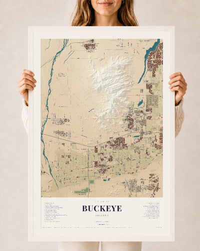 Buckeye, Arizona map print, 24" x 36", W/ White Ayous Wood Frame