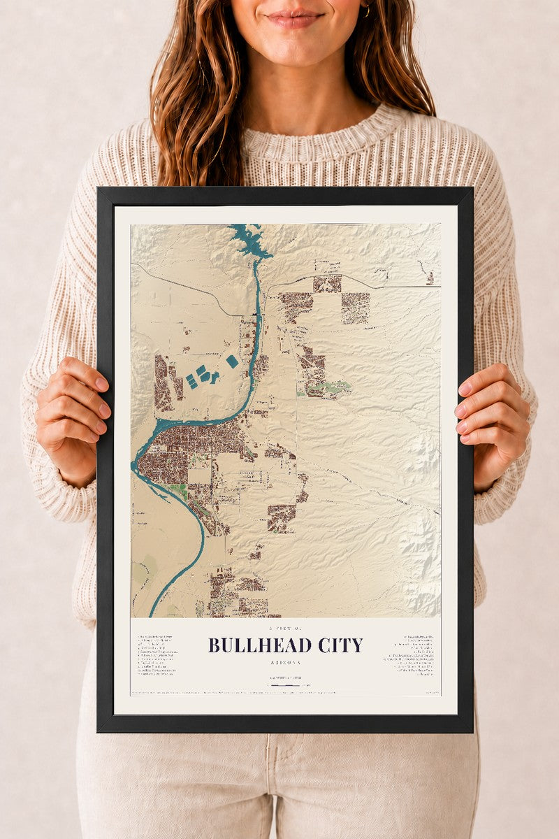 Bullhead City, Arizona map print, 12" x 18", W/ Black Ayous Wood Frame