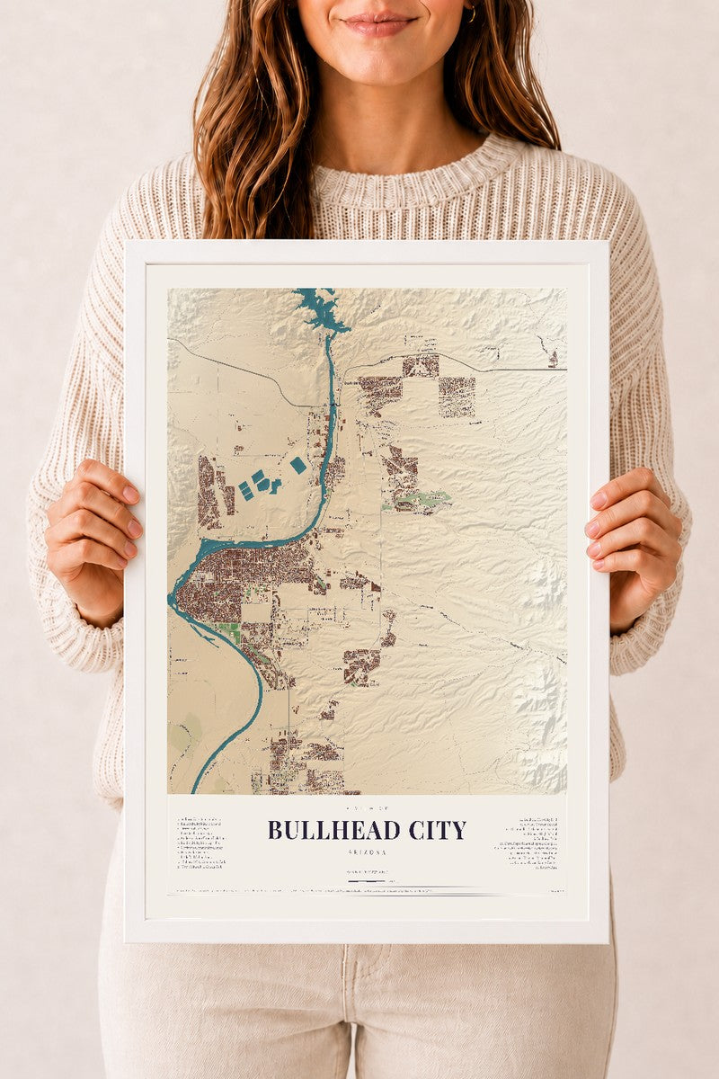 Bullhead City, Arizona map print, 12" x 18", W/ White Ayous Wood Frame