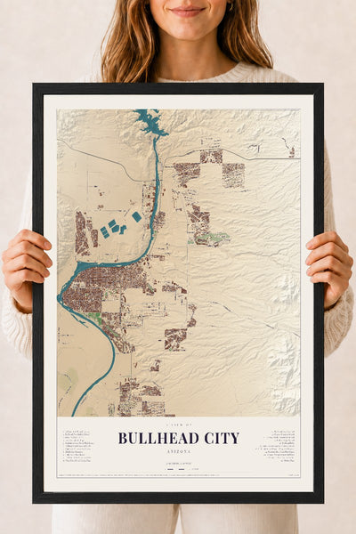Bullhead City, Arizona map print, 18" x 24", W/ Black Ayous Wood Frame