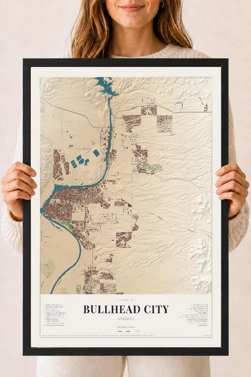 Bullhead City, Arizona map print, 18" x 24", W/ Black Ayous Wood Frame