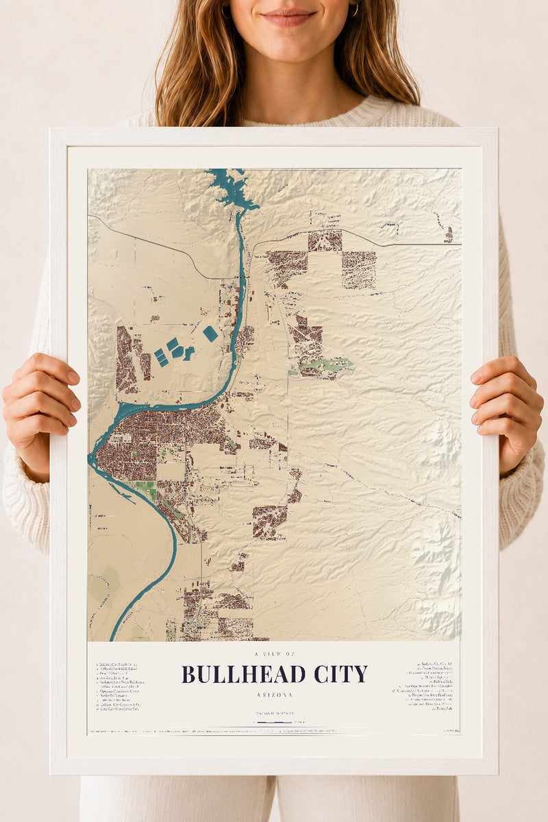 Bullhead City, Arizona map print, 18" x 24", W/ White Ayous Wood Frame