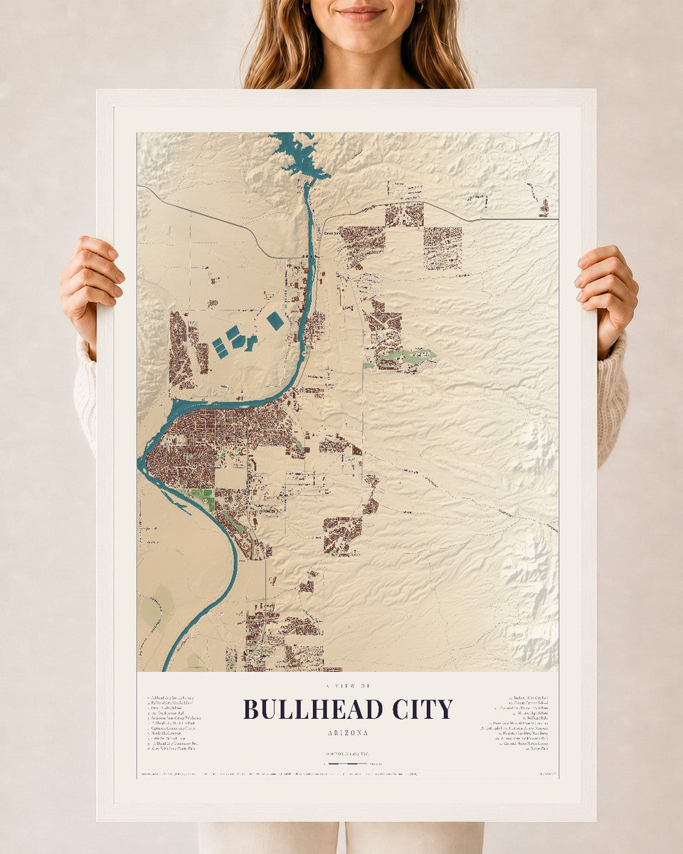 Bullhead City, Arizona map print, 24" x 36", W/ White Ayous Wood Frame