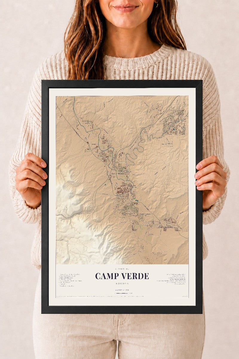 Camp Verde, Arizona map print, 12" x 18", W/ Black Ayous Wood Frame
