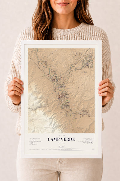 Camp Verde, Arizona map print, 12" x 18", W/ White Ayous Wood Frame