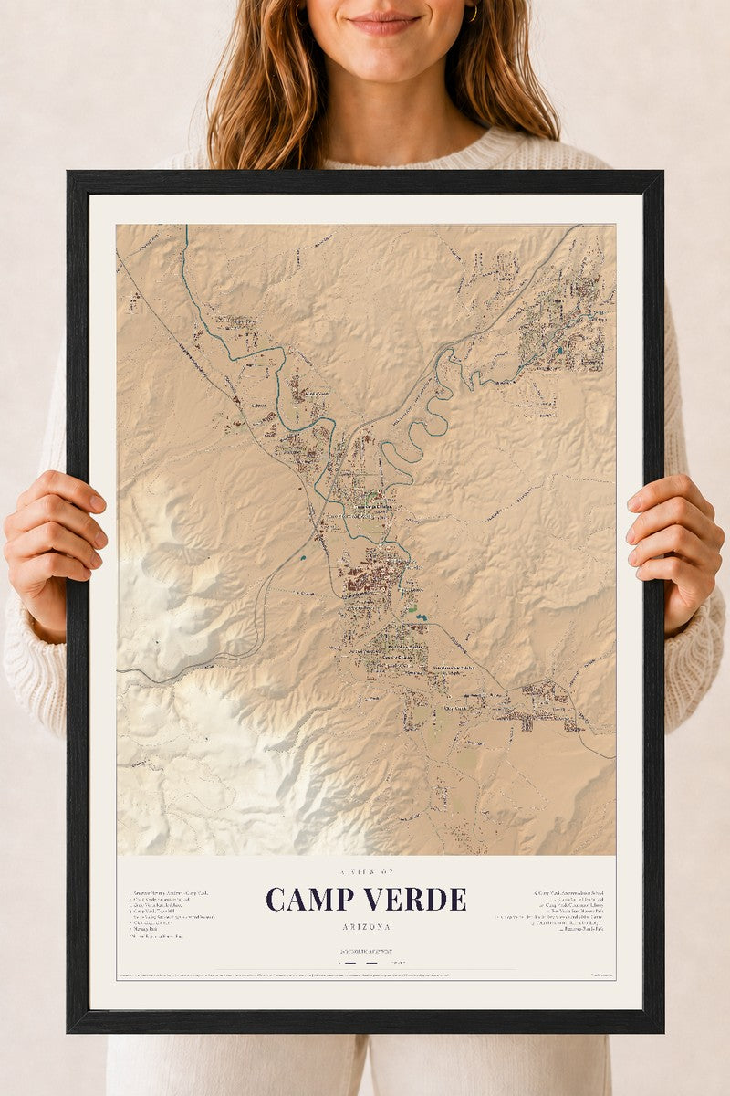 Camp Verde, Arizona map print, 18" x 24", W/ Black Ayous Wood Frame