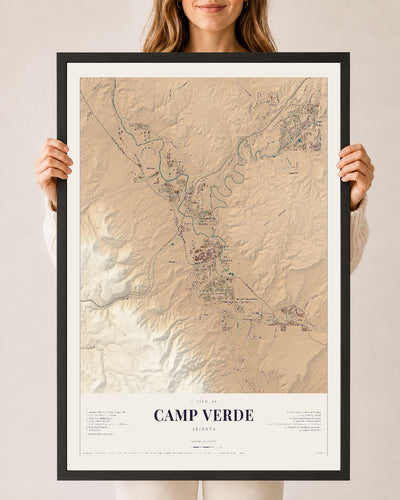 Camp Verde, Arizona map print, 24" x 36", W/ Black Ayous Wood Frame