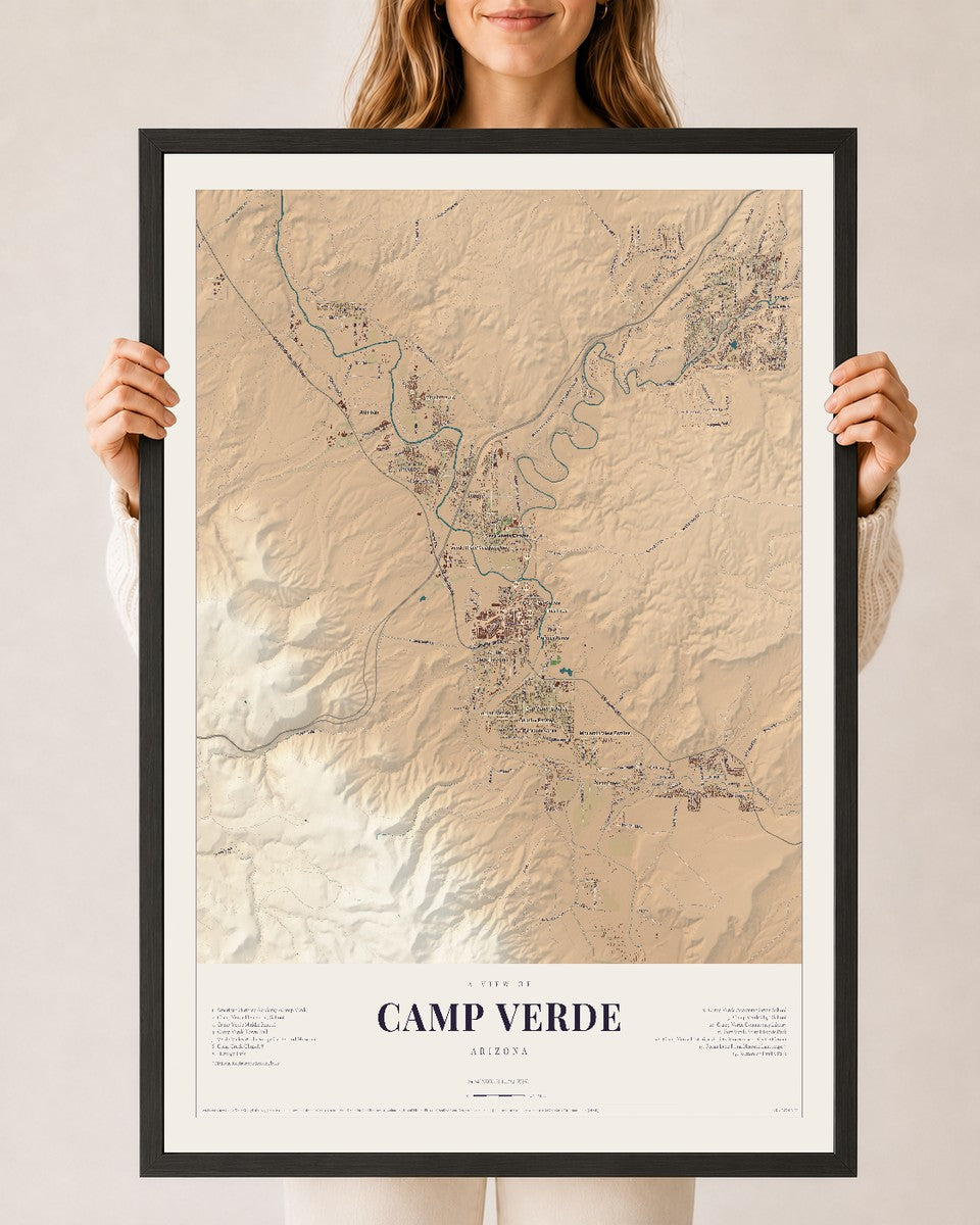 Camp Verde, Arizona map print, 24" x 36", W/ Black Ayous Wood Frame