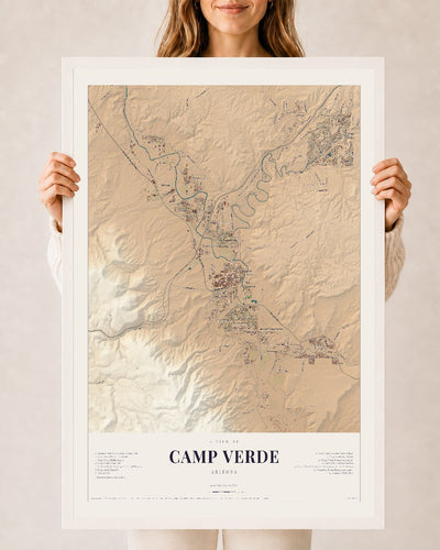 Camp Verde, Arizona map print, 24" x 36", W/ White Ayous Wood Frame