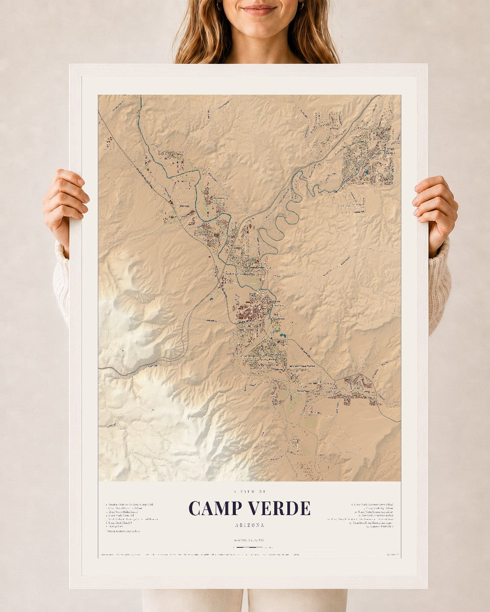 Camp Verde, Arizona map print, 24" x 36", W/ White Ayous Wood Frame