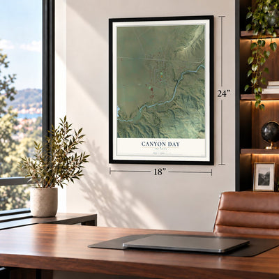 Canyon Day, Arizona map, 18 x 24 inch print in a black frame in a home office