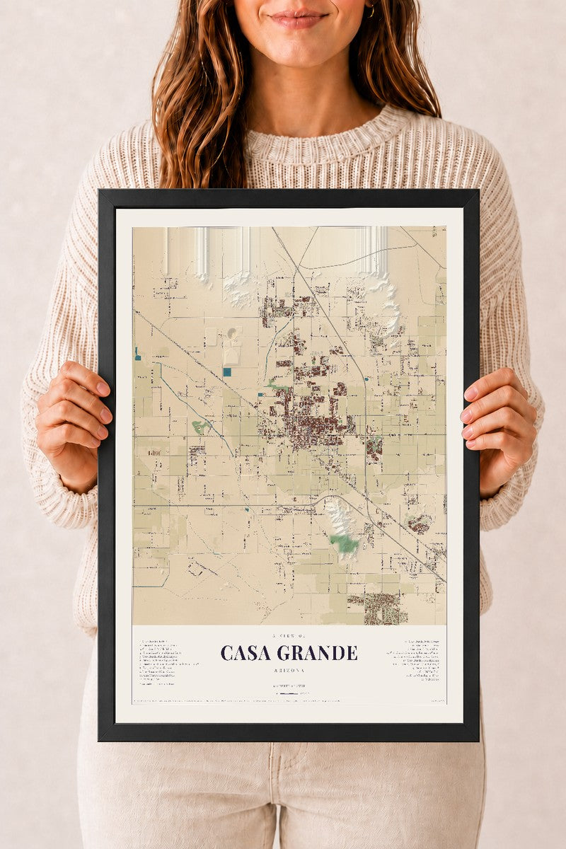 Casa Grande, Arizona map print, 12" x 18", W/ Black Ayous Wood Frame