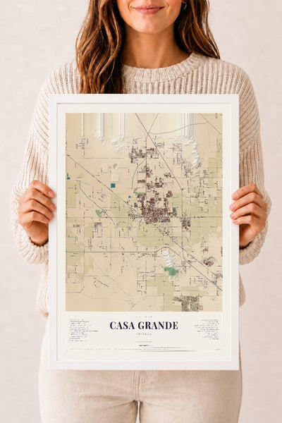 Casa Grande, Arizona map print, 12" x 18", W/ White Ayous Wood Frame