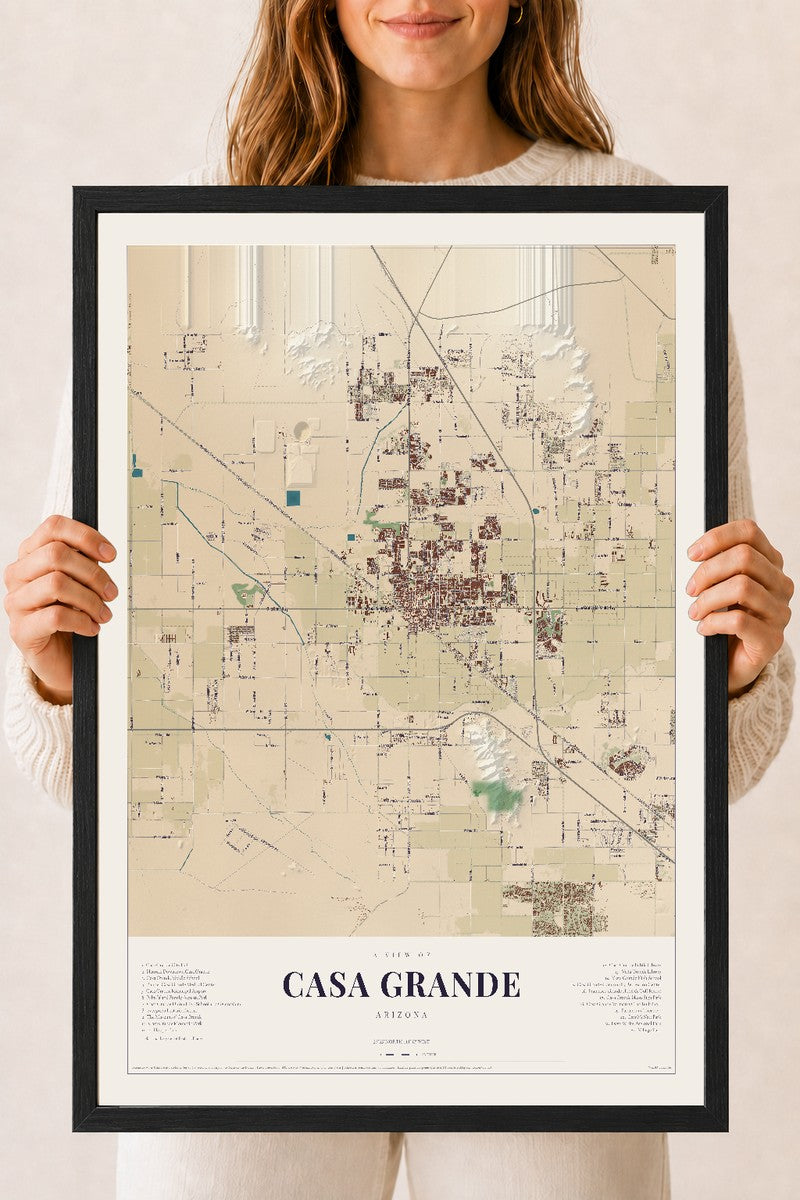 Casa Grande, Arizona map print, 18" x 24", W/ Black Ayous Wood Frame