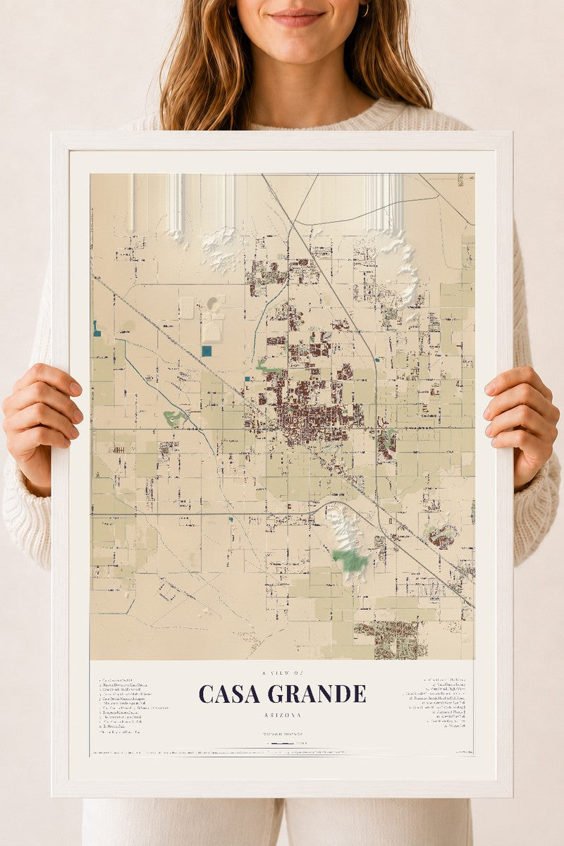 Casa Grande, Arizona map print, 18" x 24", W/ White Ayous Wood Frame