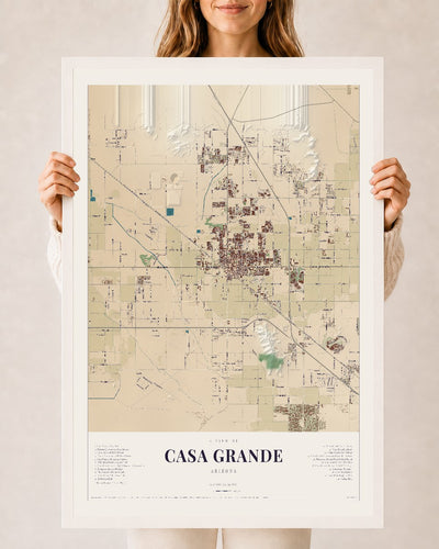 Casa Grande, Arizona map print, 24" x 36", W/ White Ayous Wood Frame