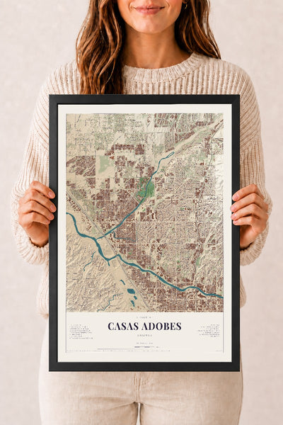 Casas Adobes, Arizona map print, 12" x 18", W/ Black Ayous Wood Frame