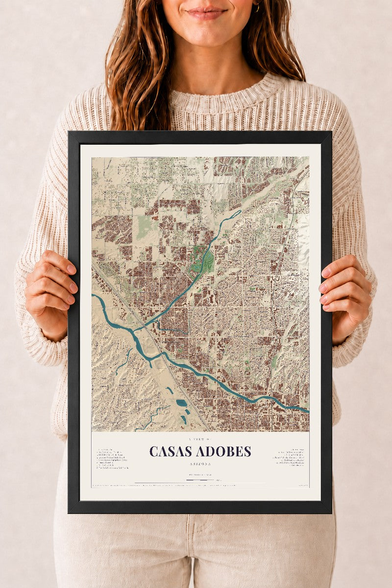 Casas Adobes, Arizona map print, 12" x 18", W/ Black Ayous Wood Frame