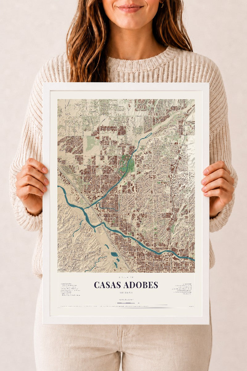 Casas Adobes, Arizona map print, 12" x 18", W/ White Ayous Wood Frame