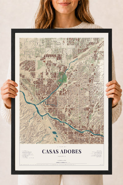 Casas Adobes, Arizona map print, 18" x 24", W/ Black Ayous Wood Frame
