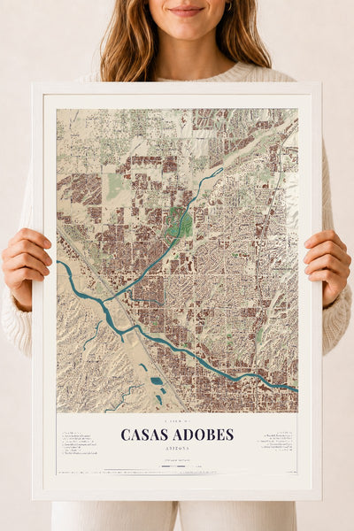 Casas Adobes, Arizona map print, 18" x 24", W/ White Ayous Wood Frame