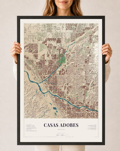 Casas Adobes, Arizona map print, 24" x 36", W/ Black Ayous Wood Frame