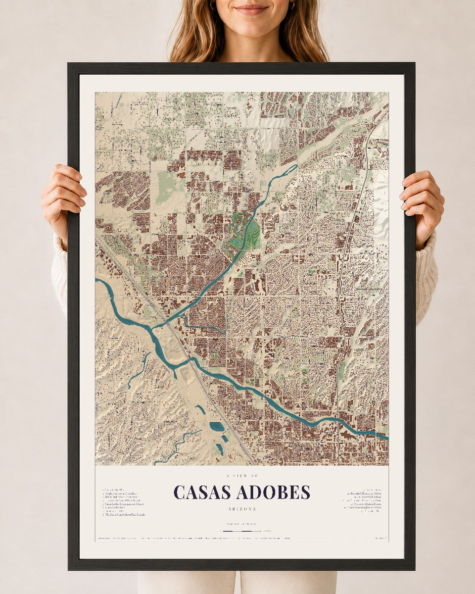 Casas Adobes, Arizona map print, 24" x 36", W/ Black Ayous Wood Frame