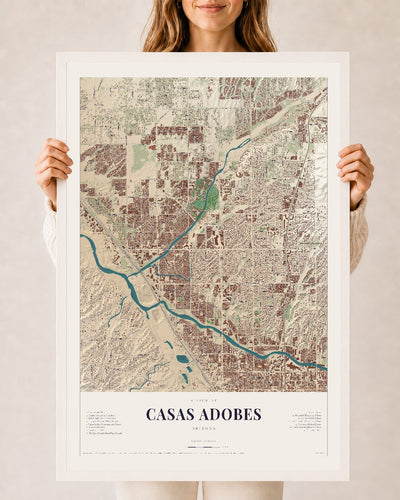 Casas Adobes, Arizona map print, 24" x 36", W/ White Ayous Wood Frame