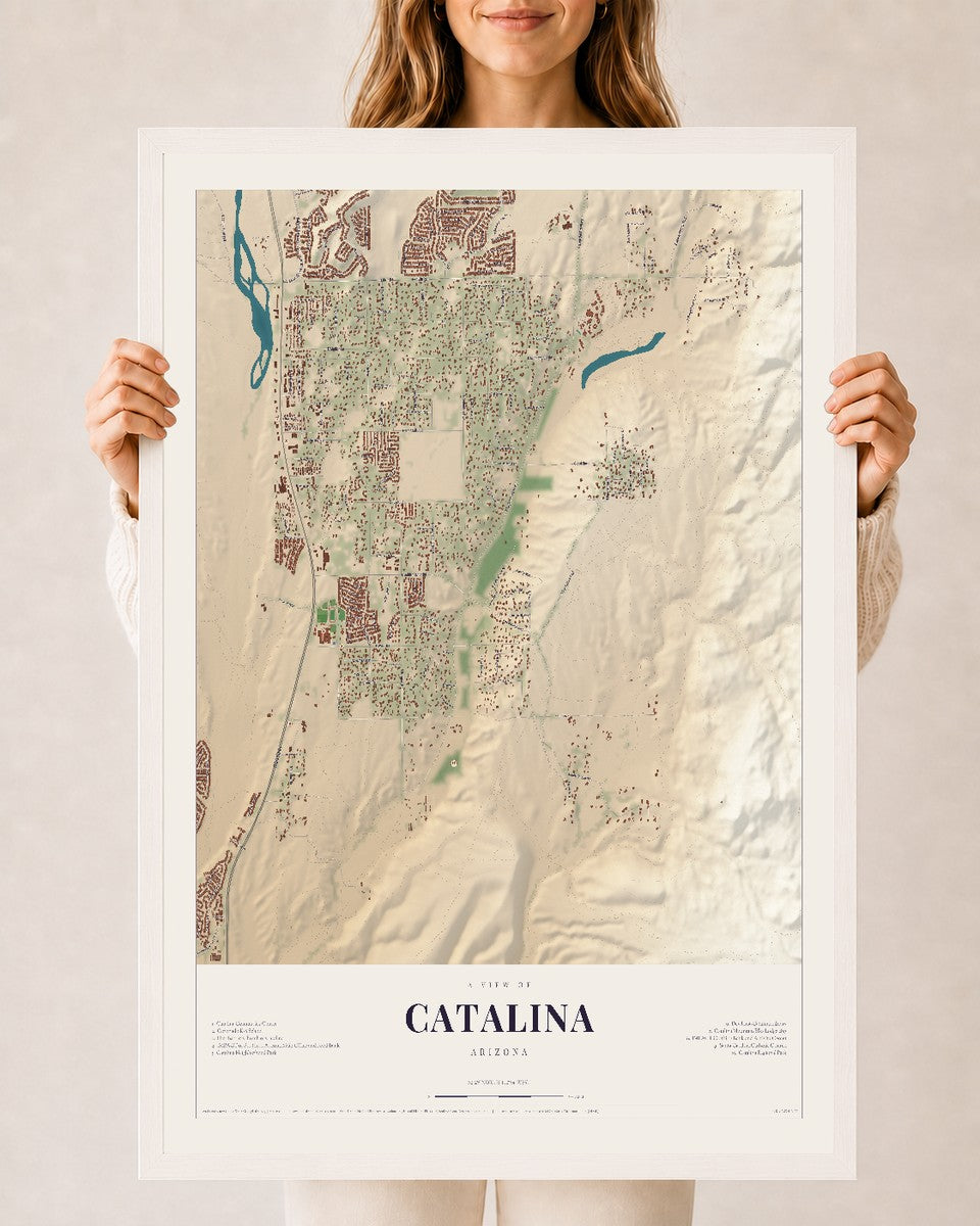Catalina, Arizona map print, 24" x 36", W/ White Ayous Wood Frame