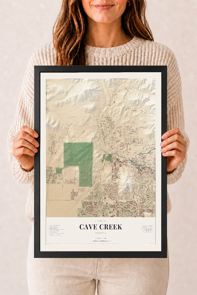 Cave Creek, Arizona map print, 12" x 18", W/ Black Ayous Wood Frame