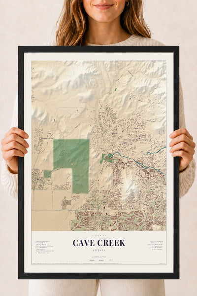 Cave Creek, Arizona map print, 18" x 24", W/ Black Ayous Wood Frame