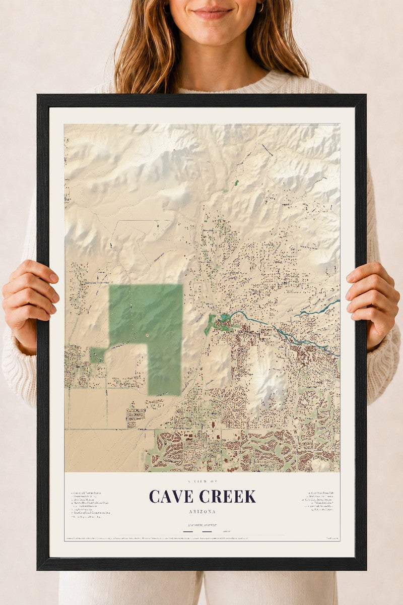 Cave Creek, Arizona map print, 18" x 24", W/ Black Ayous Wood Frame