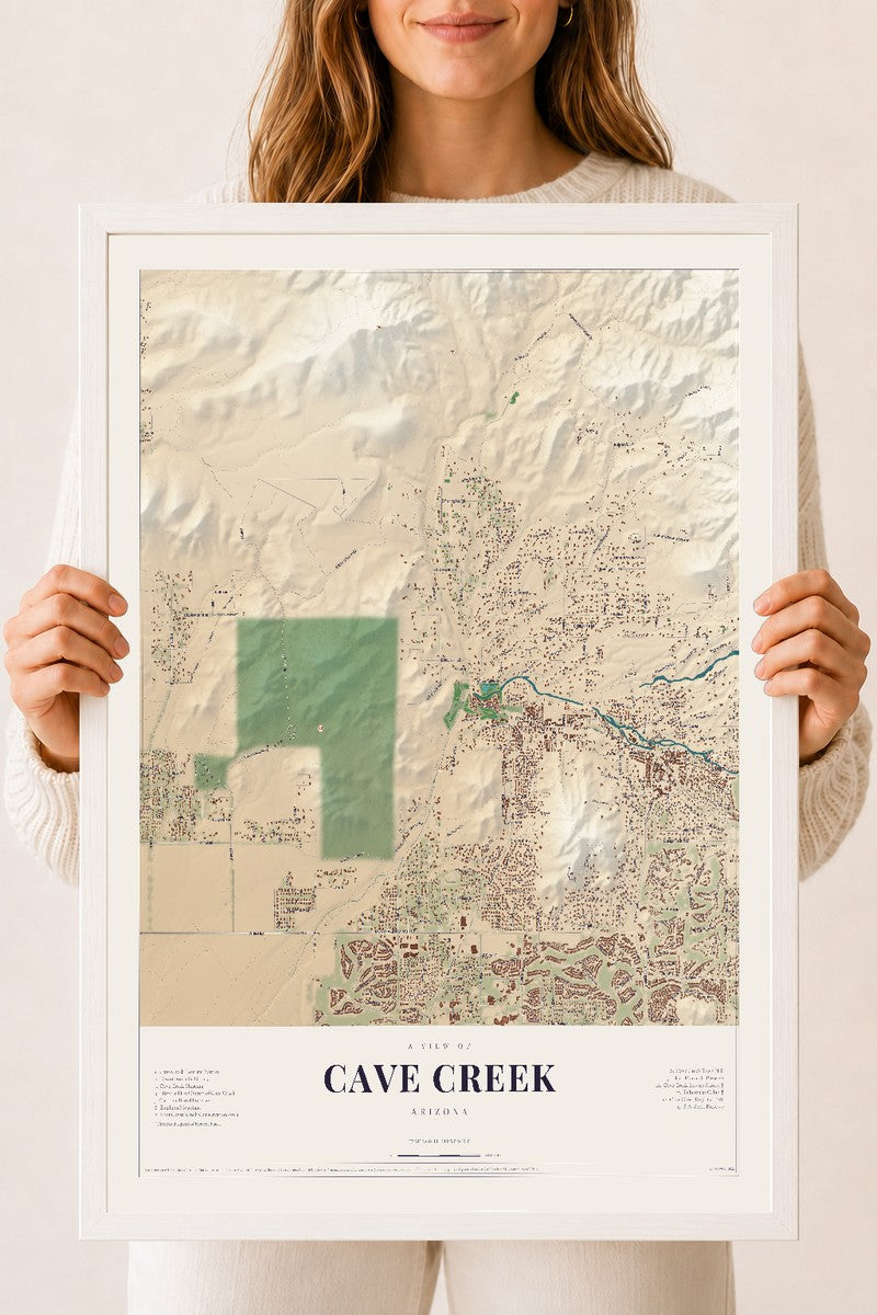 Cave Creek, Arizona map print, 18" x 24", W/ White Ayous Wood Frame