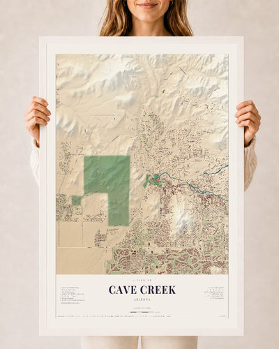 Cave Creek, Arizona map print, 24" x 36", W/ White Ayous Wood Frame