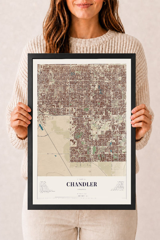 Map of Chandler, Arizona, 12 x 18 inch print in a black wood frame