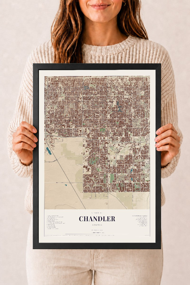 Chandler, Arizona map print, 12" x 18", W/ Black Ayous Wood Frame