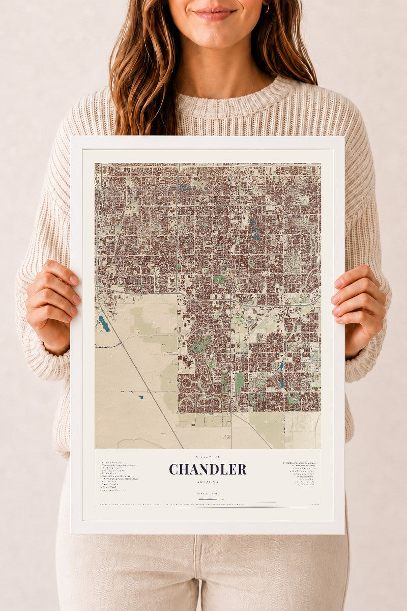 Chandler, Arizona map print, 12" x 18", W/ White Ayous Wood Frame