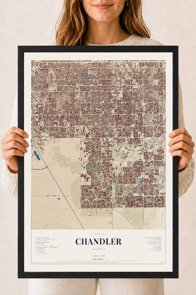 Chandler, Arizona map print, 18" x 24", W/ Black Ayous Wood Frame