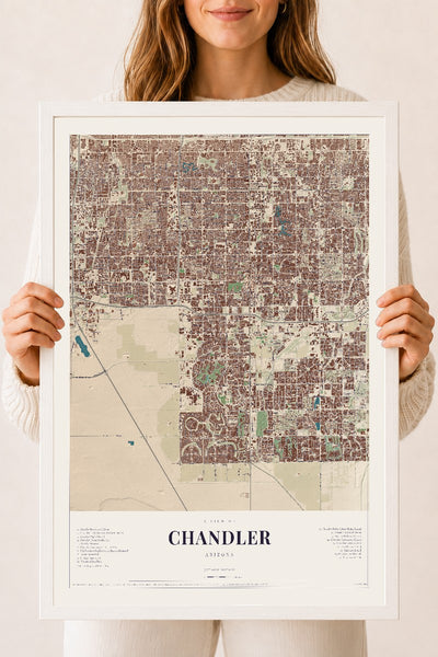 Chandler, Arizona map print, 18" x 24", W/ White Ayous Wood Frame