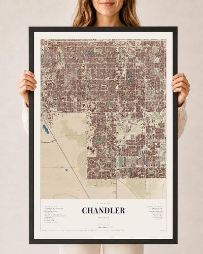 Chandler, Arizona map print, 24" x 36", W/ Black Ayous Wood Frame