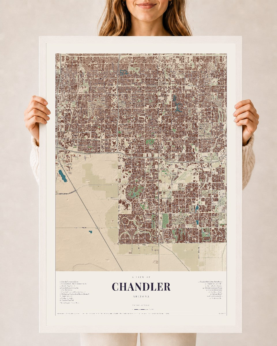 Chandler, Arizona map print, 24" x 36", W/ White Ayous Wood Frame