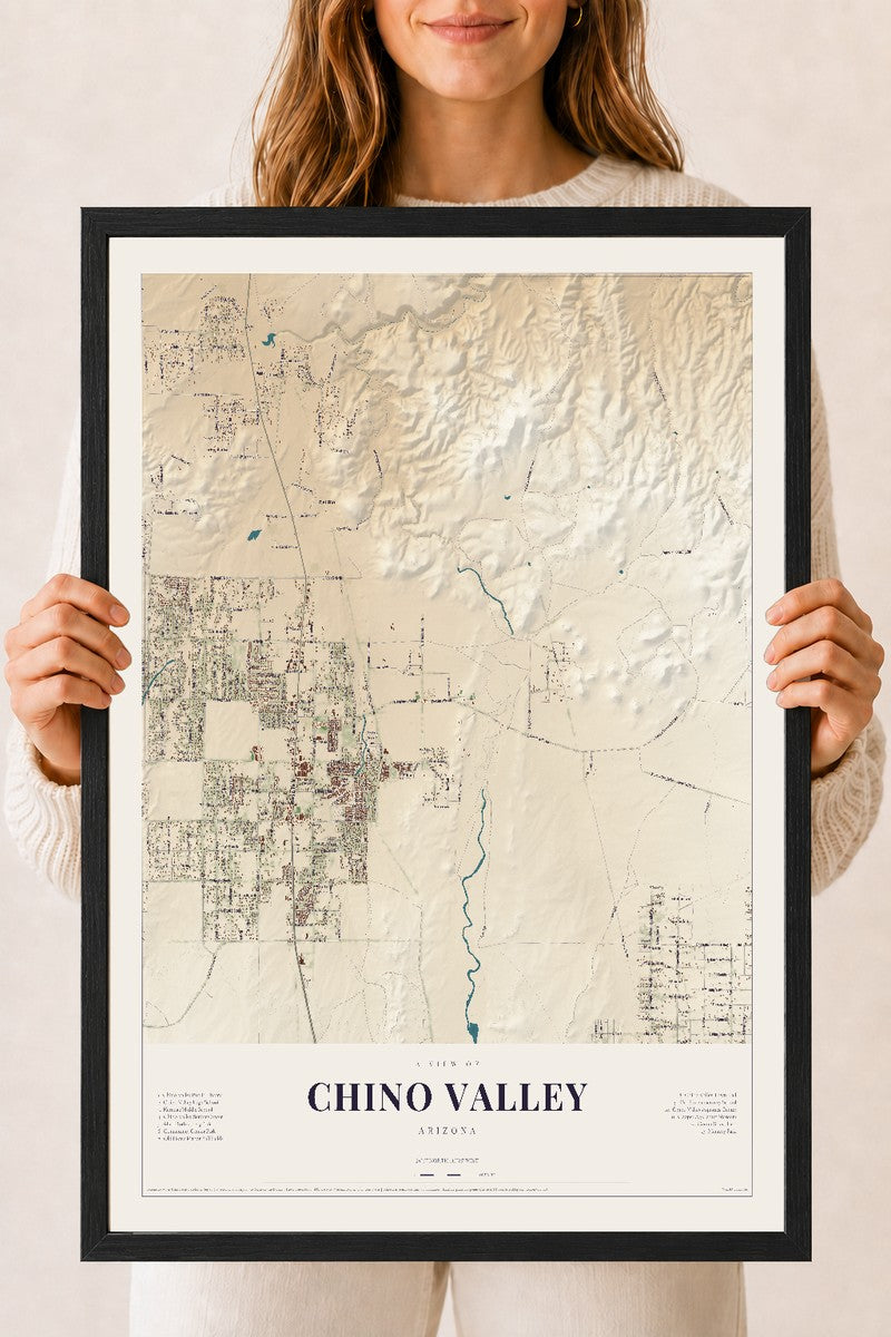 Chino Valley, Arizona map print, 18" x 24", W/ Black Ayous Wood Frame