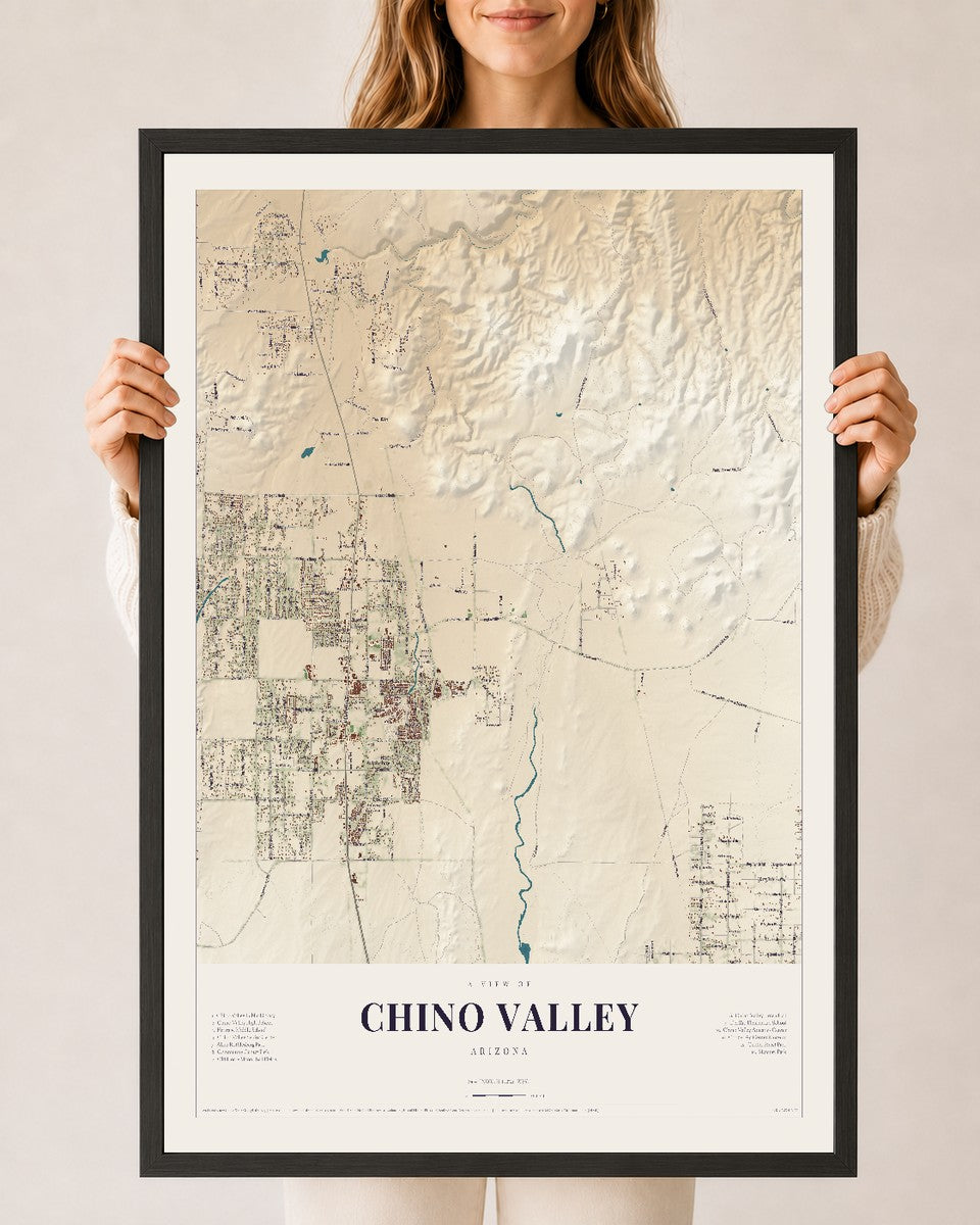 Chino Valley, Arizona map print, 24" x 36", W/ Black Ayous Wood Frame